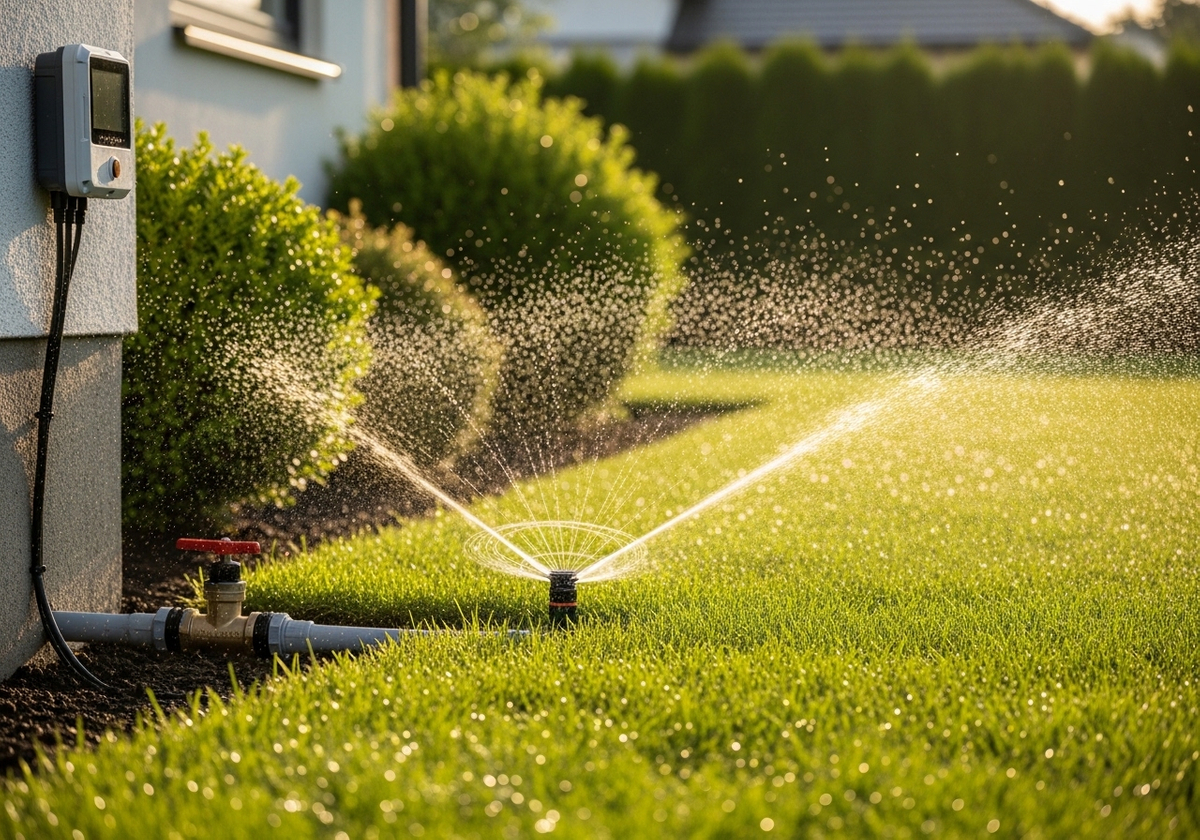 Automatic sprinkler system watering green lawn