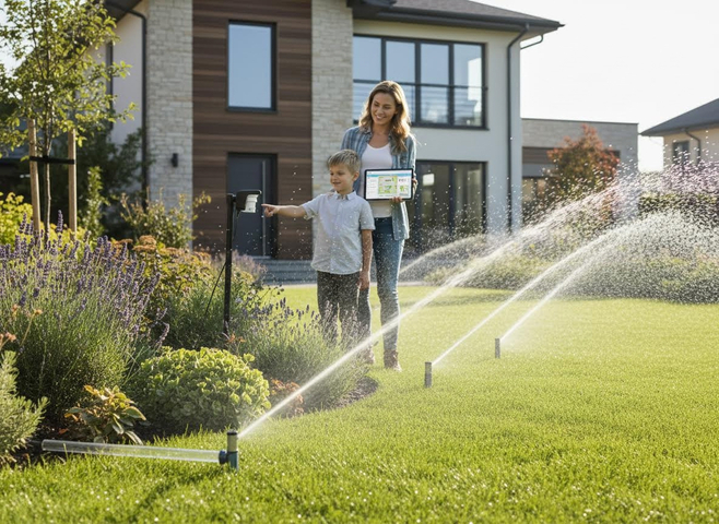 A woman and boy monitor a smart garden irrigation system with a tablet and sensor in front of a modern home with sprinklers watering the lawn. Family Using Smart Garden Irrigation System