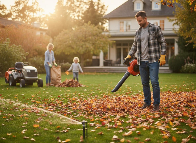 Family doing autumn yard work in front of their home