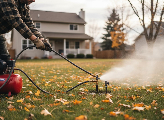 Man Winterizing Sprinkler System with Air Compressor