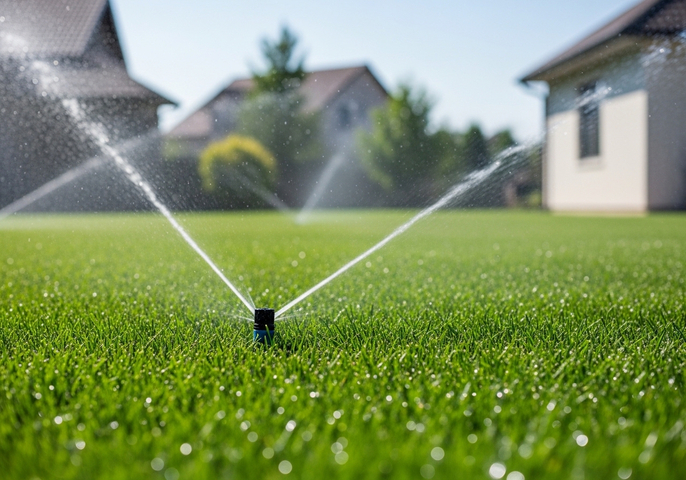 A sprinkler waters a lush green lawn on a sunny day, with water droplets glistening on the grass blades. Houses are visible in the background. Lawn Sprinkler Watering Grass