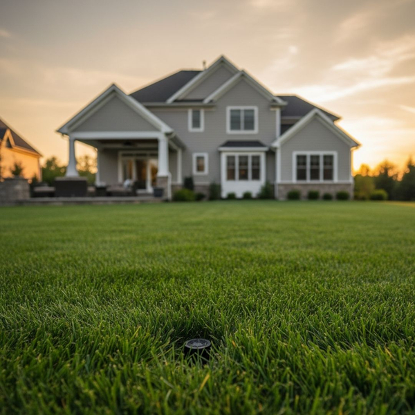 A lush, green lawn with a subtle lawn sprinkler head and a well-maintained home in the background, suggesting a healthy, professionally cared-for yard.