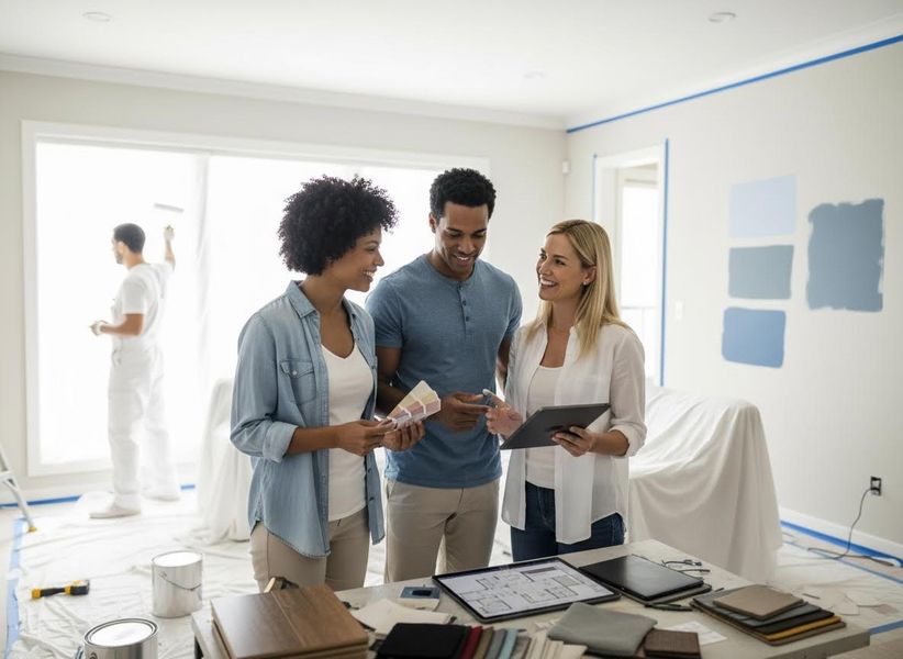 A diverse couple discusses paint colors and design plans with an interior designer, while a painter works on the walls in the background. Couple and Interior Designer Planning Home Renovation