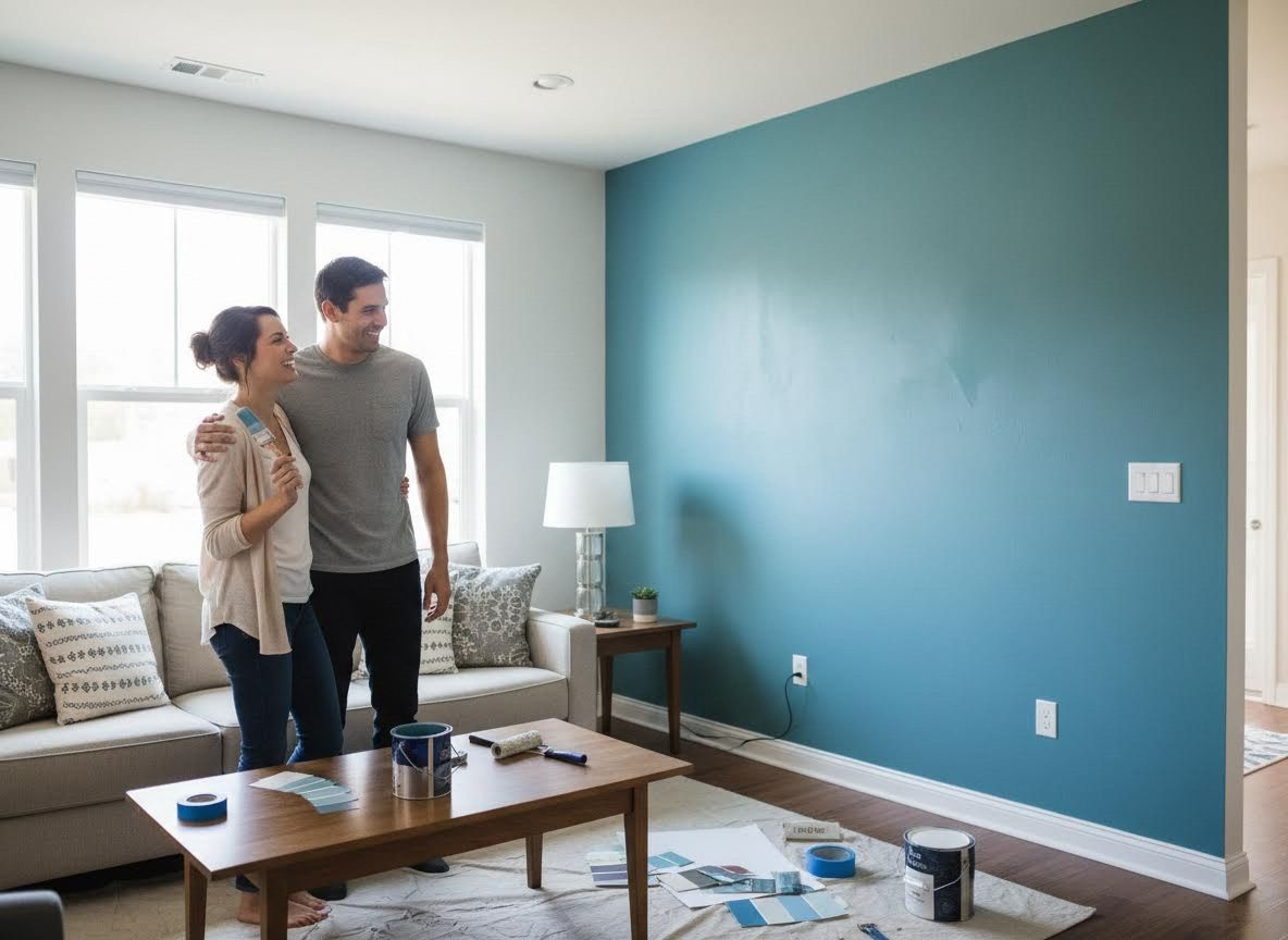 Happy couple admiring a freshly painted blue accent wall in their living room