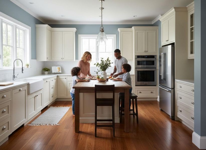 A happy family of four, with two adults and two children, preparing food around a large wooden island in a bright, modern kitchen. Family meal prep in a modern kitchen