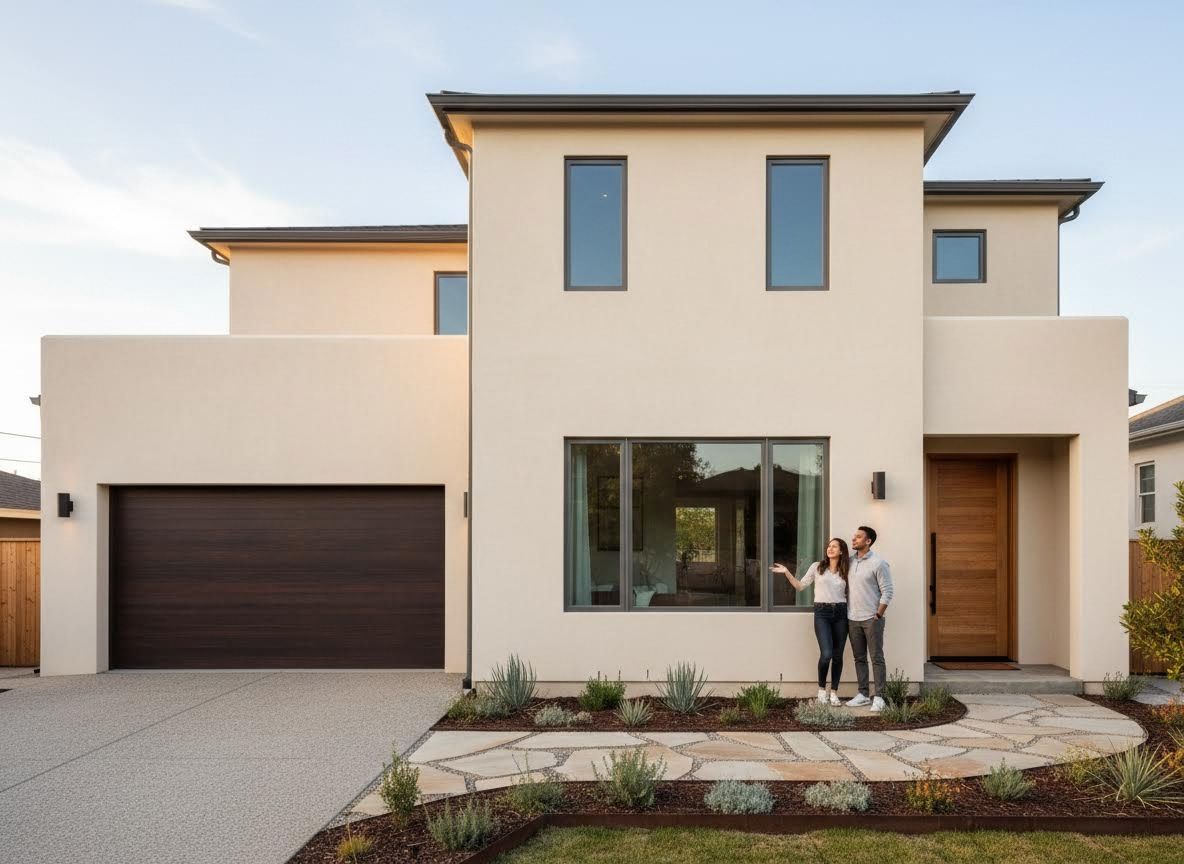 Happy Couple Standing in Front of a Modern Stucco Home