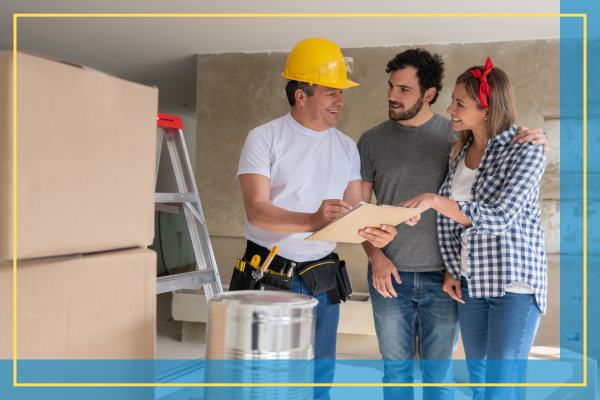 couple discussing a remodel with a contractor. 