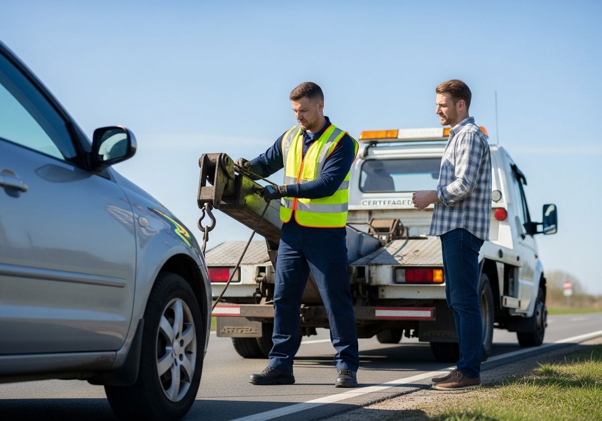 Tow truck operator securing a car