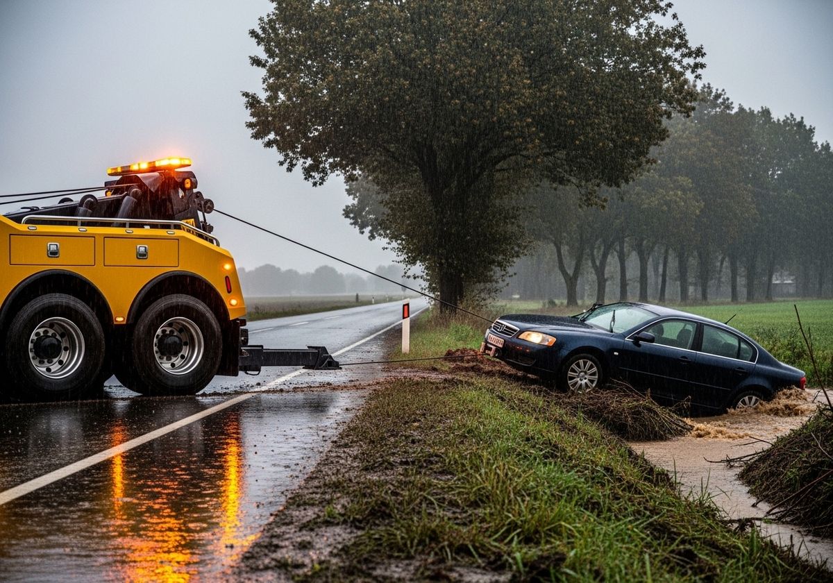 Car being towed from ditch during rain