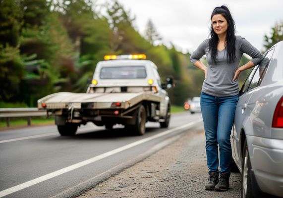 A woman with a worried expression stands next to her silver car on the side of a road, waiting for a tow truck with flashing yellow lights parked behind her. The setting is a highway bordered by green trees. Woman stranded on roadside awaits tow truck
