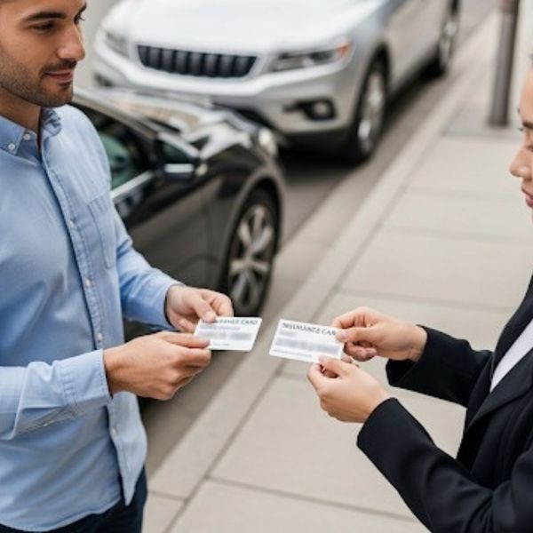 The hands of a man and a woman are shown exchanging insurance cards. The hands of a man and a woman are shown exchanging insurance cards.