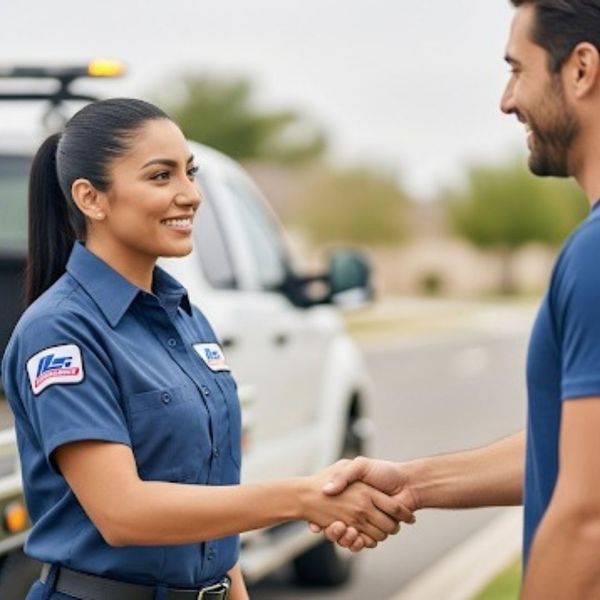 A smiling female tow truck driver shakes hands with a male customer. A smiling female tow truck driver shakes hands with a male customer.