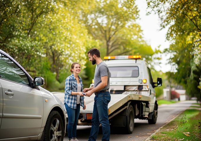 Woman Handing Keys to Tow Truck Driver