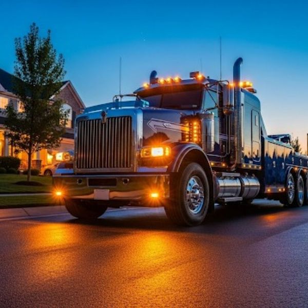 A low-angle shot of a modern tow truck on a street at twilight with its lights glowing. A low-angle shot of a modern tow truck on a street at twilight with its lights glowing.