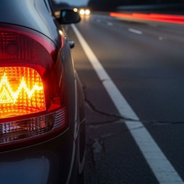 A close-up of a car's rear tail light with the hazard light flashing on the shoulder of a road. A close-up of a car's rear tail light with the hazard light flashing on the shoulder of a road.