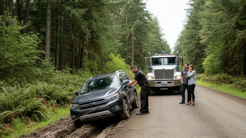 tow truck getting an SUV out of a muddy road