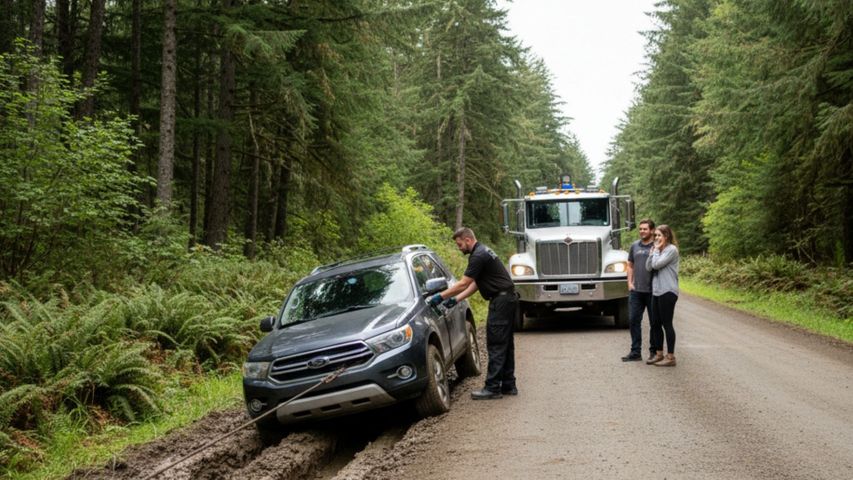 tow truck getting an SUV out of a muddy road