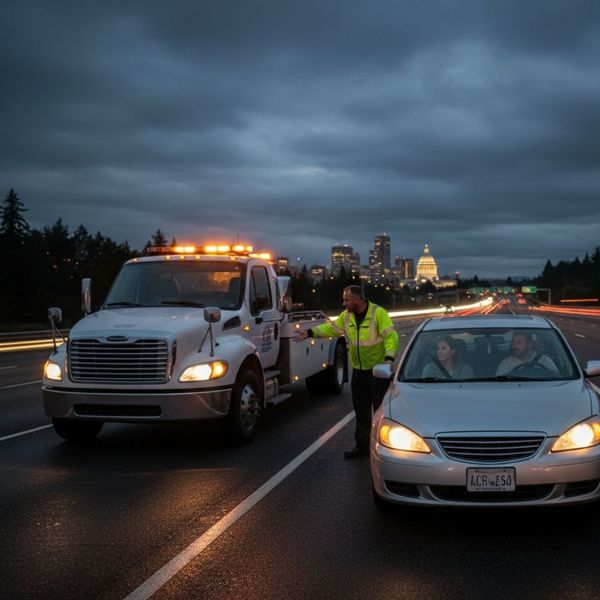 tow truck arriving to help couple in a broken-down car