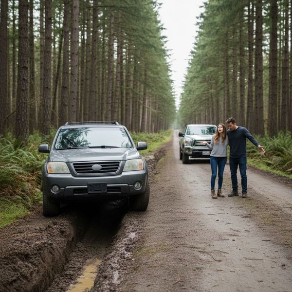 couple standing next to their SUV stuck in the mud