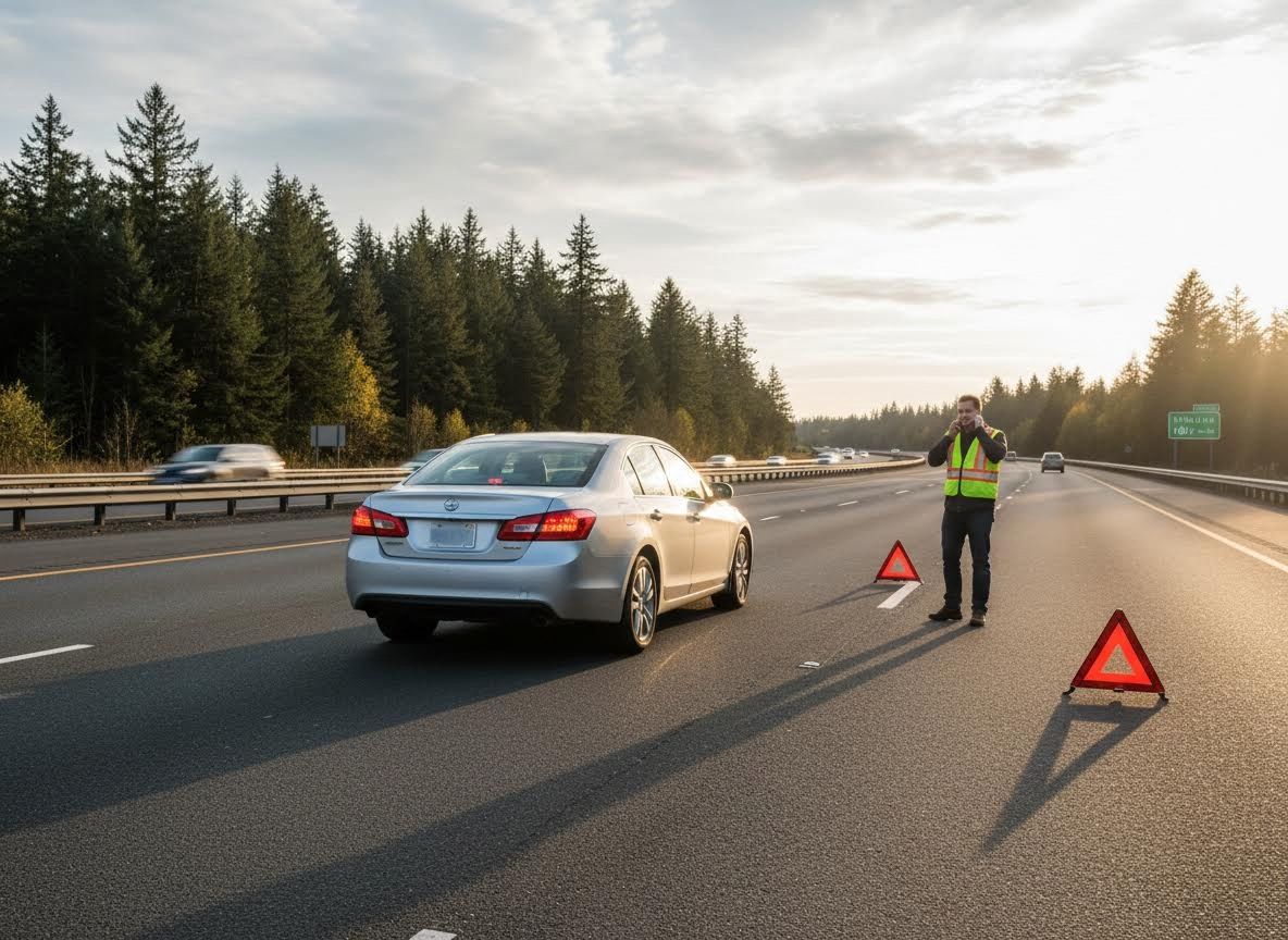 Man calling for help with a broken down car on the highway