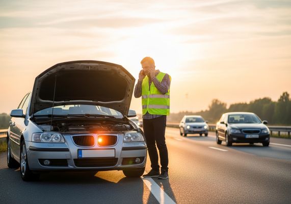 Man with broken down car calls for assistance
