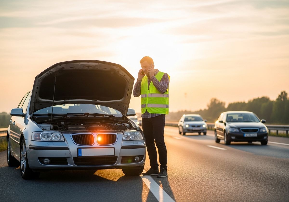 Man with broken down car calls for assistance