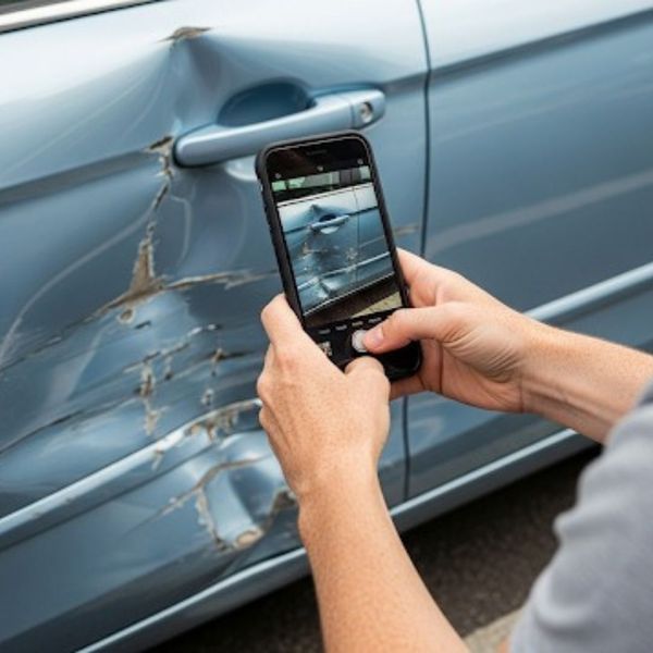 a person holds a smartphone to take a photo of a dented car door. a person holds a smartphone to take a photo of a dented car door.