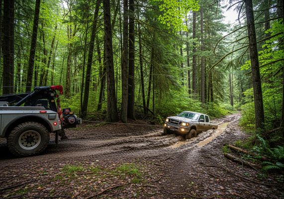 A white pickup truck is deeply mired in a muddy track within a dense forest. A tow truck, partially visible to the left, is connected to the stuck vehicle via a thick cable, suggesting a rescue operation is underway in this challenging off-road environment. Truck stuck in mud being pulled out by a tow truck in a forest