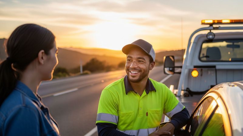 A smiling tow truck driver with freckles is speaking with a motorist at sunset.