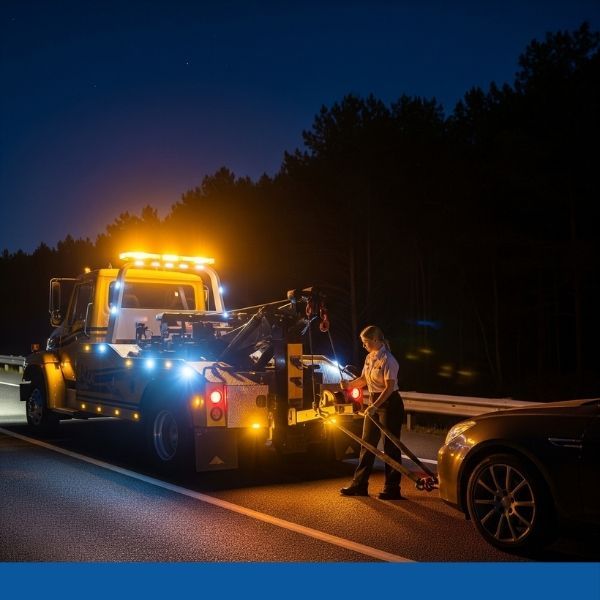 tow truck providing 24-hour emergency towing service at night tow truck providing 24-hour emergency towing service at night