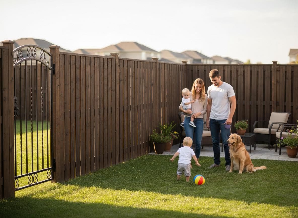 Family and Golden Retriever in Fenced Backyard