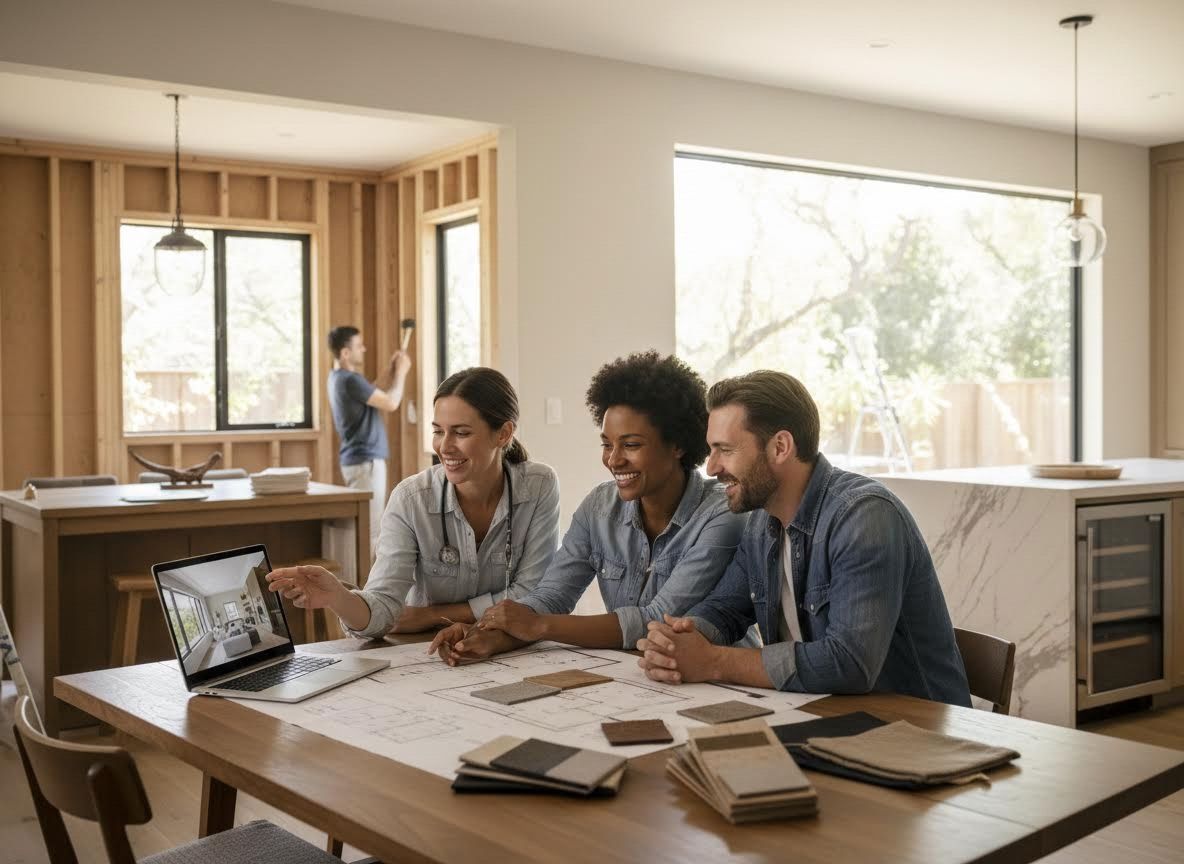 Couple and Designer Reviewing Home Renovation Plans