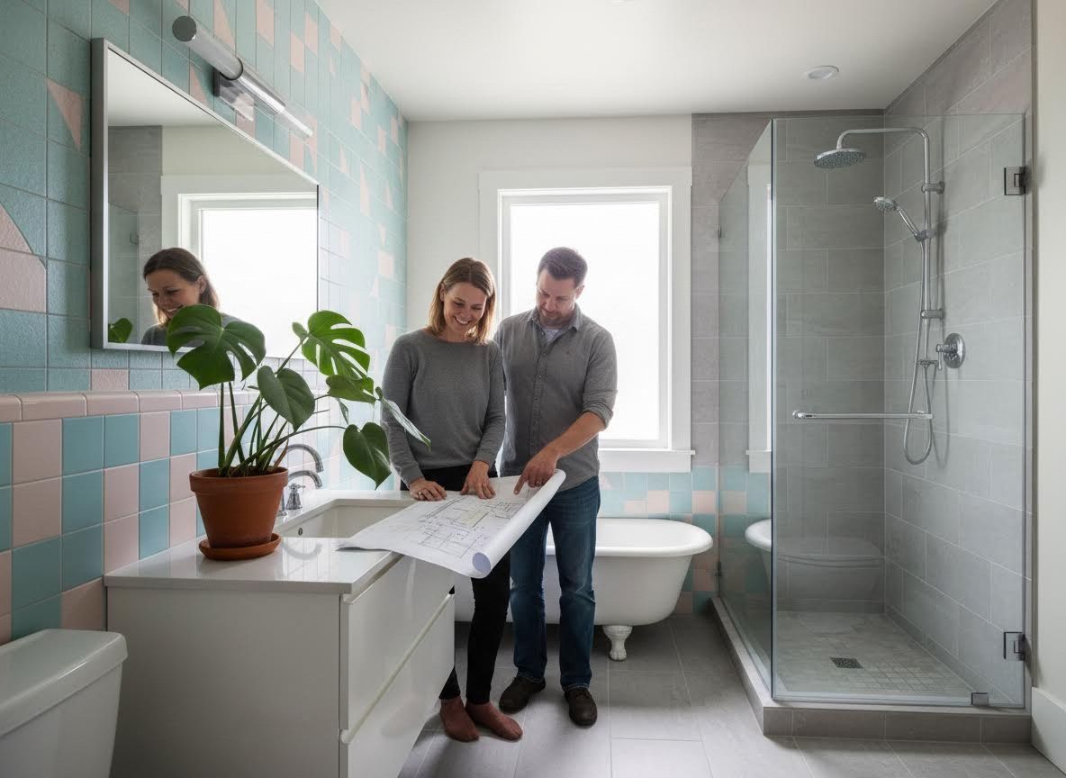 Couple Reviewing Bathroom Renovation Blueprints