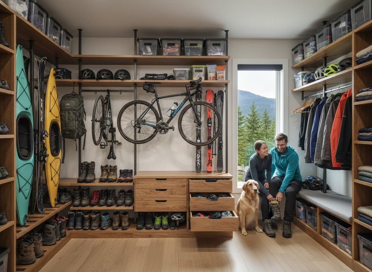 Custom mudroom with outdoor gear storage, couple, and golden retriever