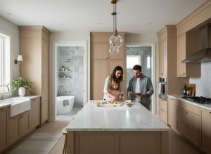A family of three bakes cookies on a marble kitchen island with light wood cabinets and modern bathrooms visible through doorways. Family baking cookies in a modern kitchen
