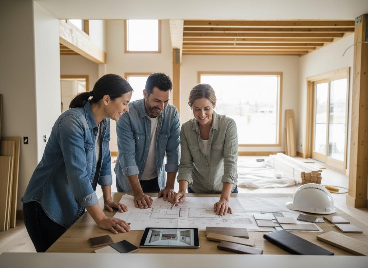 Three smiling people reviewing blueprints and material samples for a home renovation