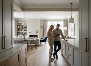 Couple reviewing content on a tablet in a modern open-plan living space