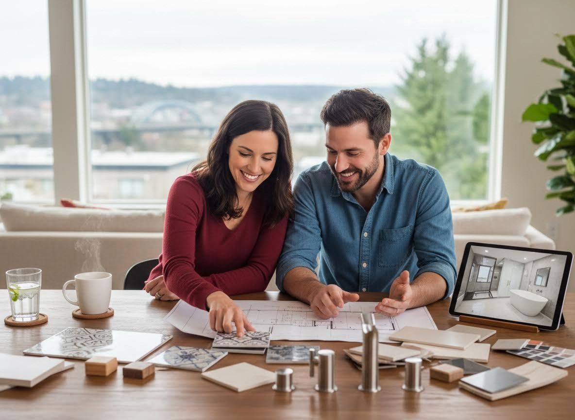 Couple Designing Home Interior with Blueprints and Samples
