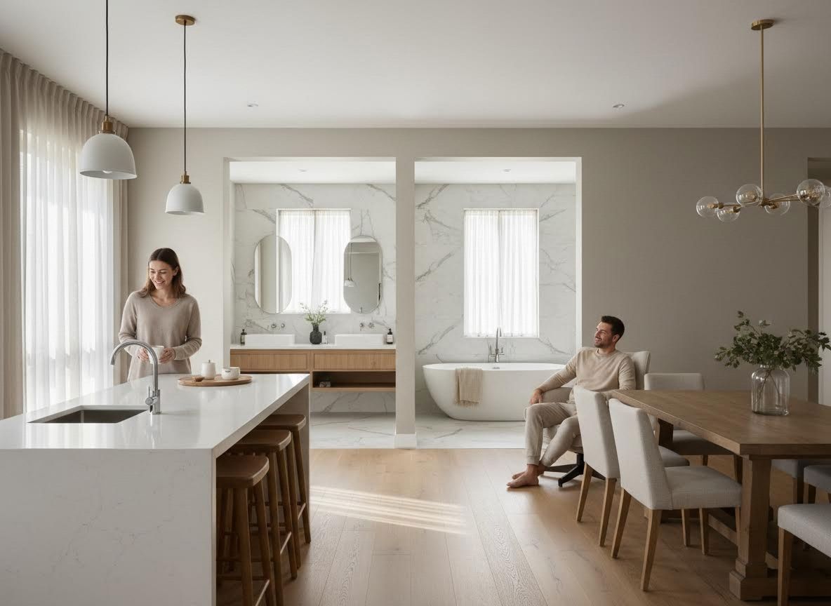 Couple in Modern Open-Plan Home with Kitchen, Dining, and Bathrooms