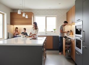 Family Cooking in a Modern Kitchen with Gray and Wood Cabinetry