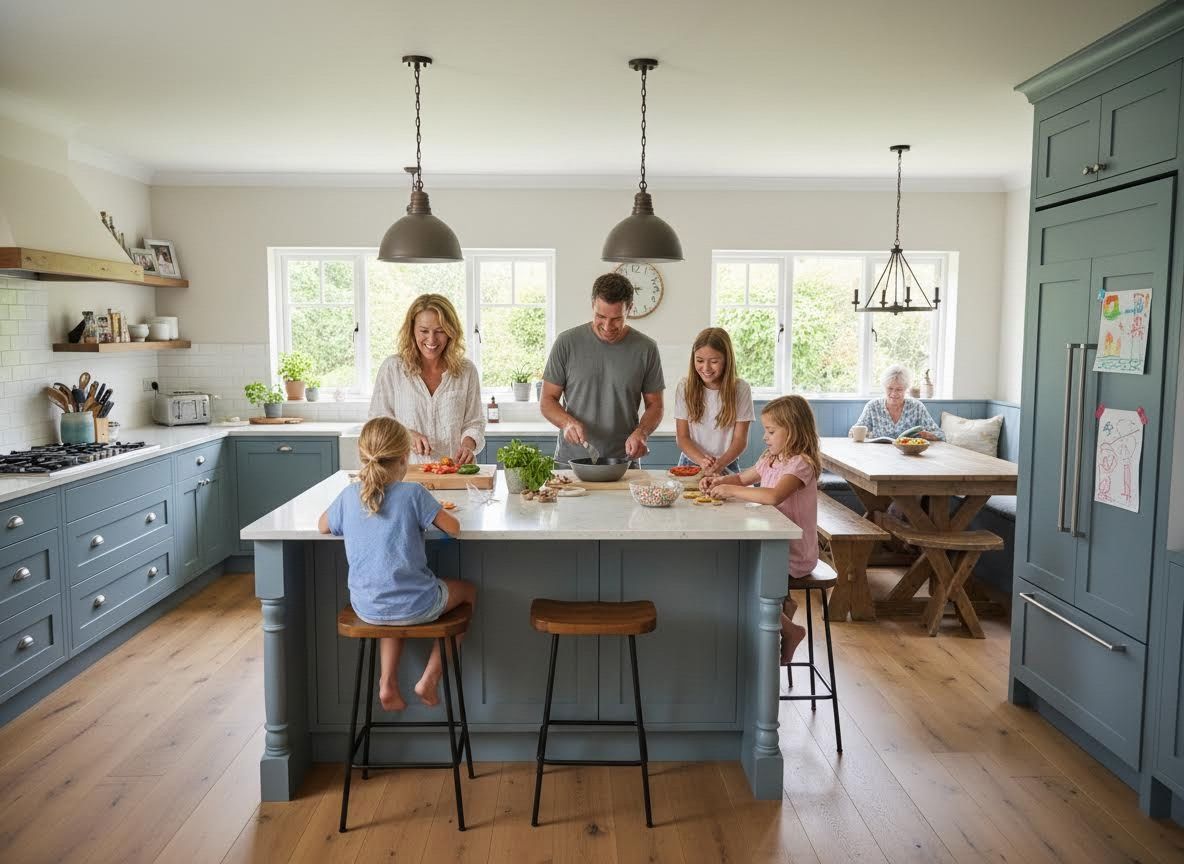 Multi-generational family cooking in a bright kitchen