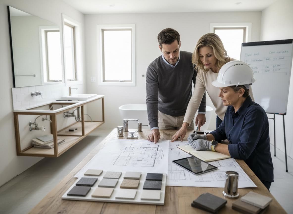 Construction professional reviews bathroom blueprints with clients