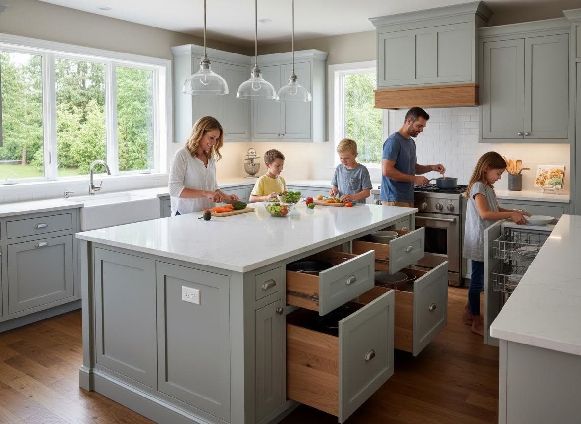 Family meal prep in a modern light grey kitchen