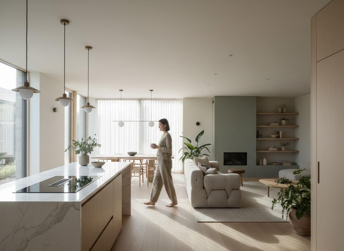 Modern open-plan kitchen, dining, and living area