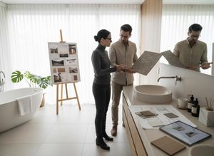 A man and woman discuss tile samples in a modern bathroom, surrounded by design plans, material swatches, and a mood board. Interior Designers Reviewing Bathroom Materials