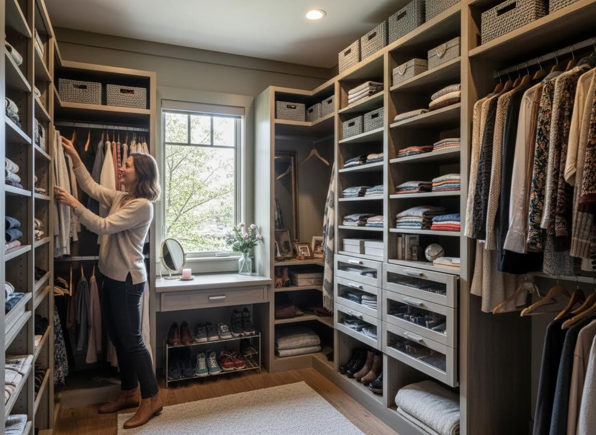 Woman organizing clothes in a custom walk-in closet