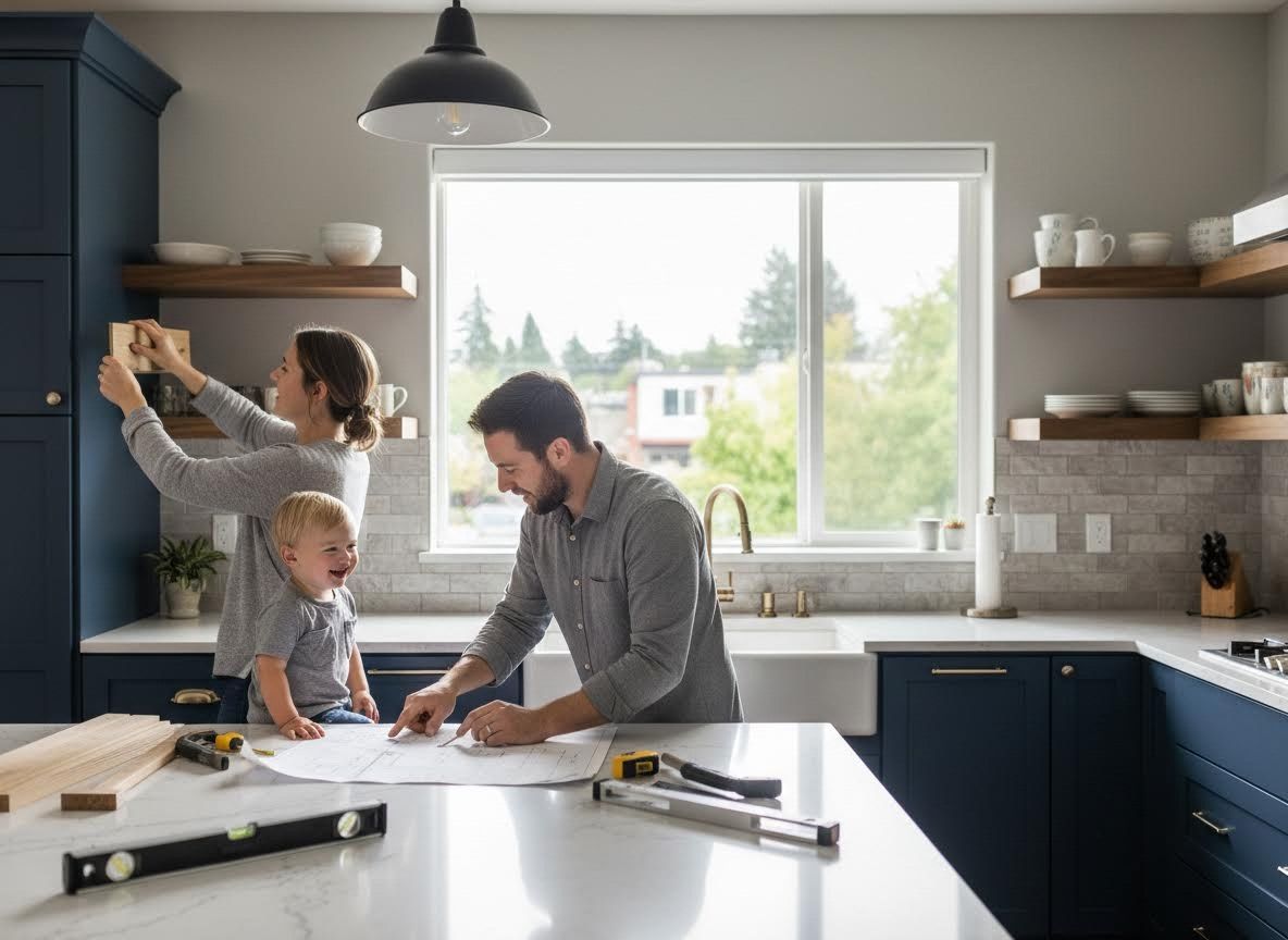 Family remodeling their modern kitchen with a toddler