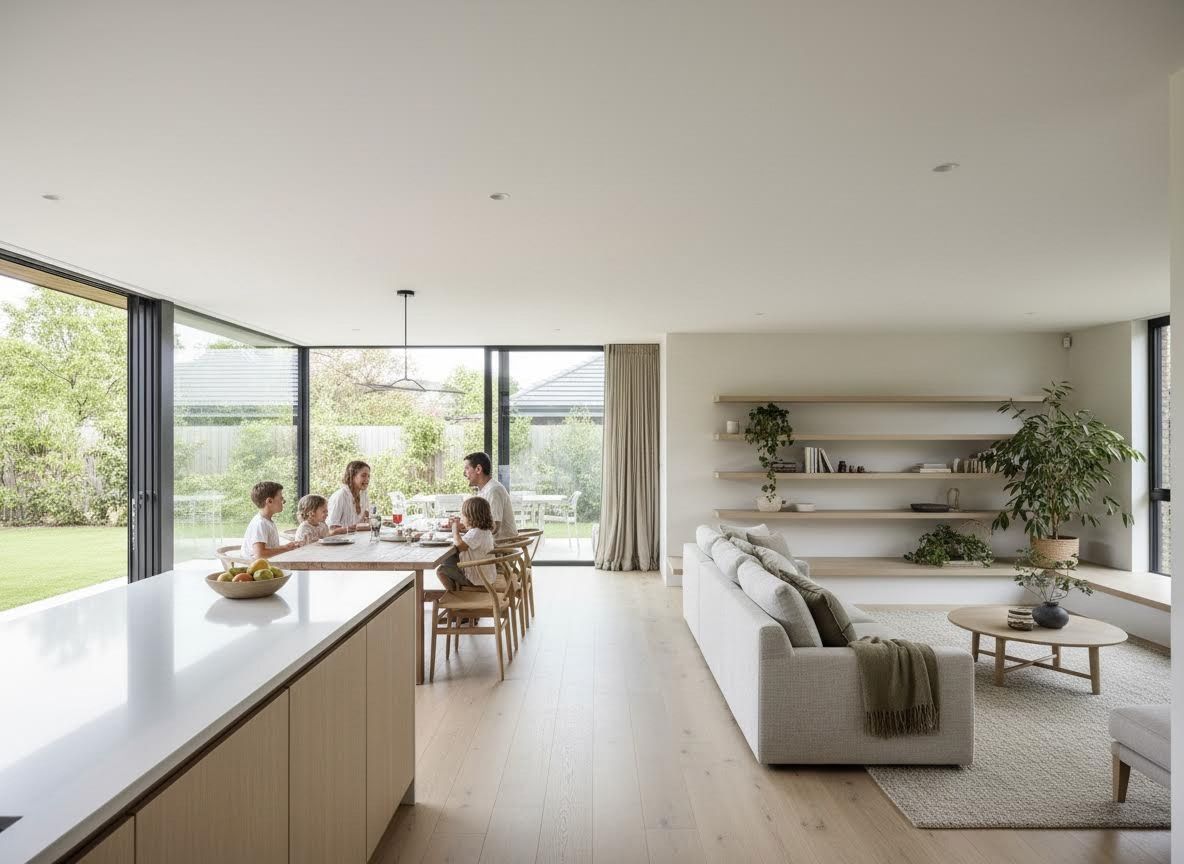 Family meal in modern open-plan living space