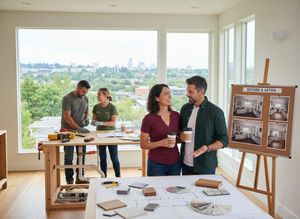 Couples discuss home renovation plans, reviewing architectural drawings, material samples, and before/after kitchen photos in a bright room. Couples Planning Home Renovation with Design Materials and Before/After Photos