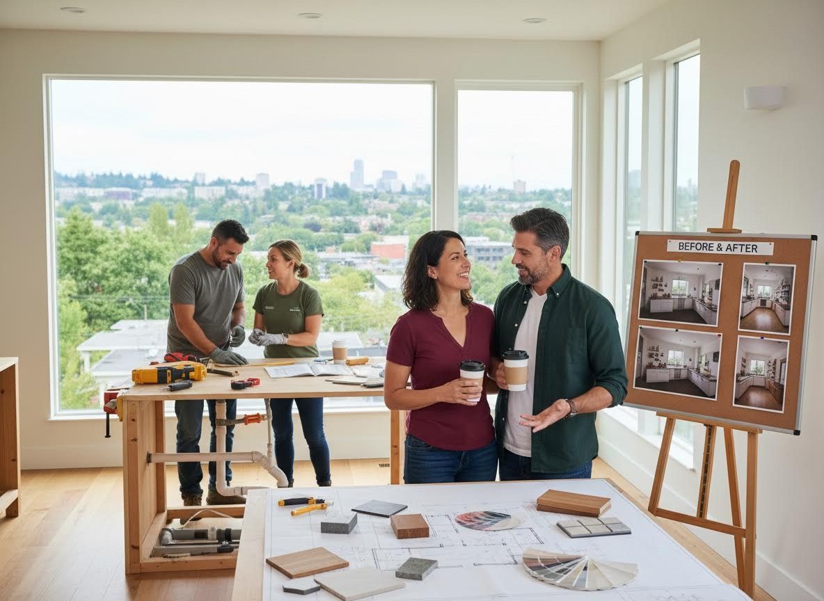 Couples Planning Home Renovation with Design Materials and Before/After Photos